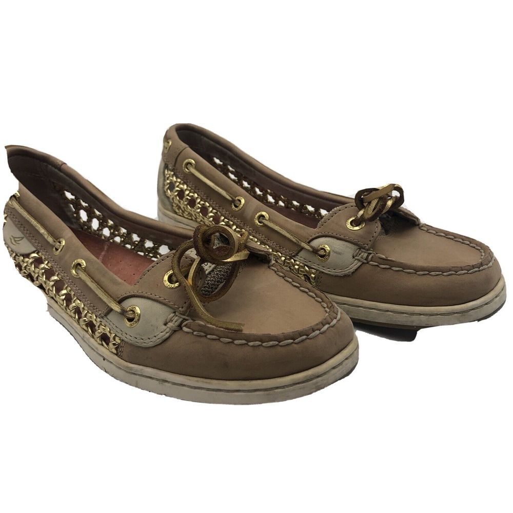 Sperry Top Sider Women's Tan Brown Leather‎ Chain Link Boat Shoes Size 7.5